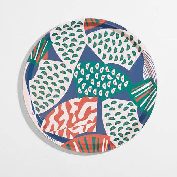 Blue Wave design birchwood tray with teal scallop and coral abstract pattern - PABOOM