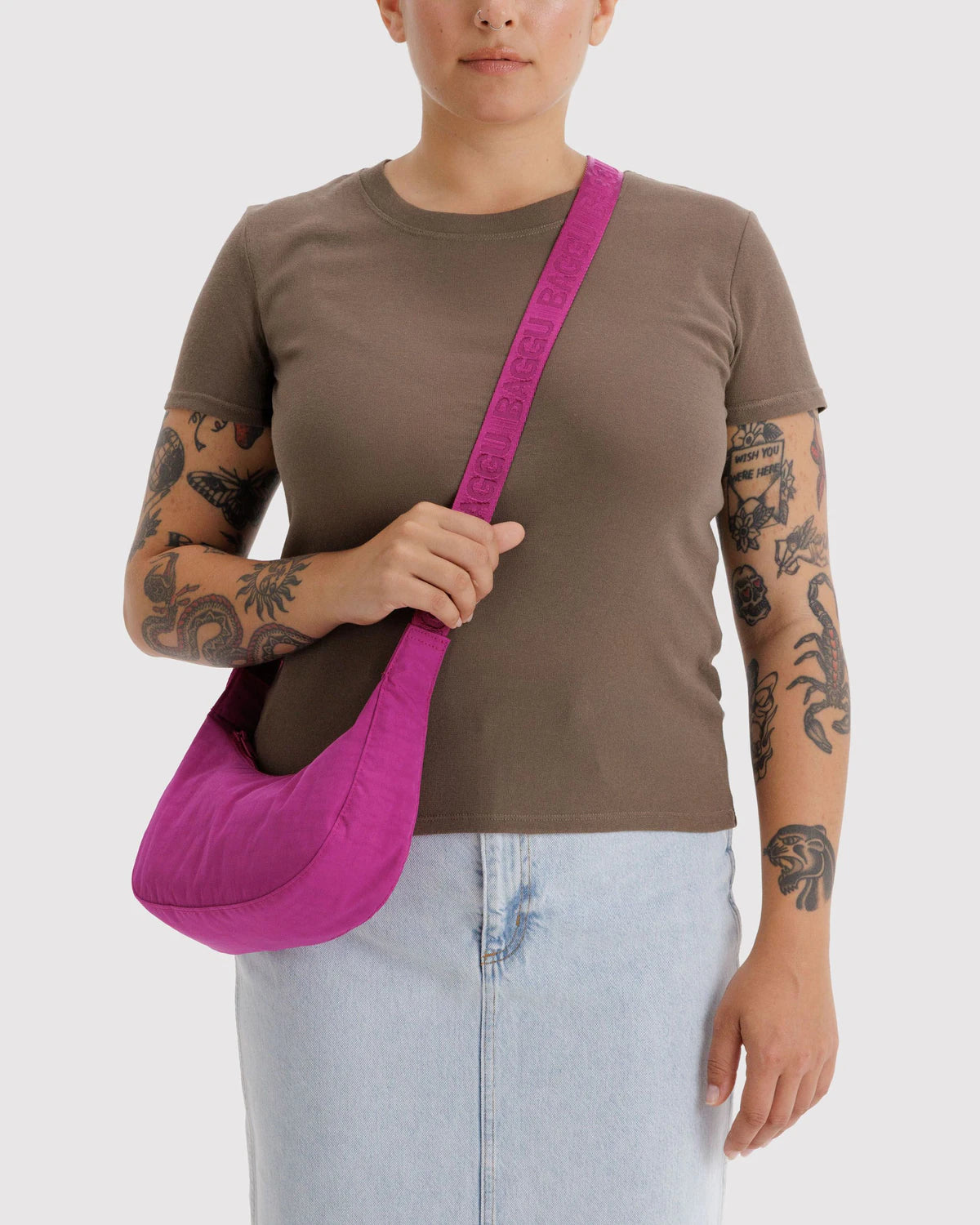 BAGGU Small Nylon Crescent Bag - Deep Fuchsia