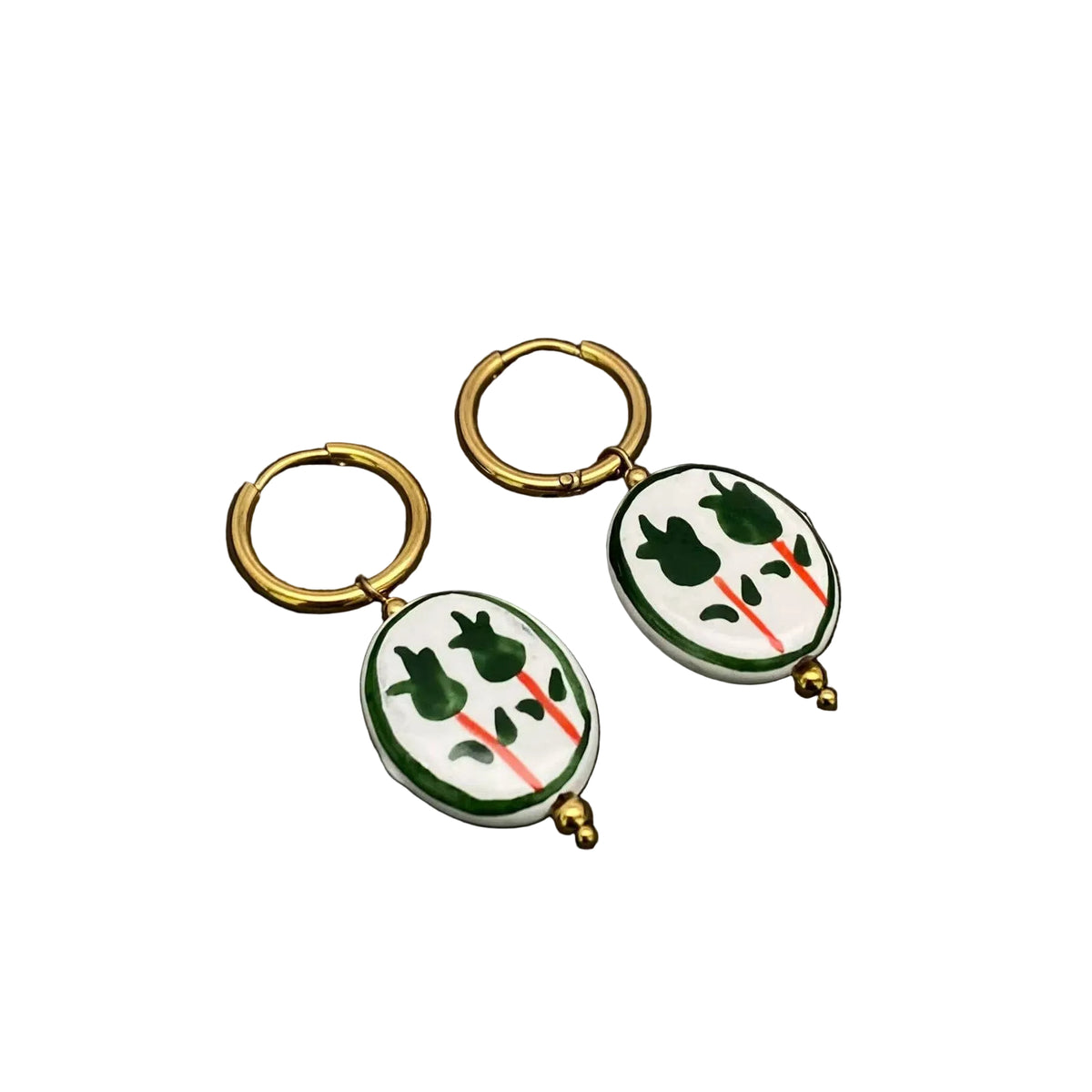 Flower Pattern Ceramic Huggie Earrings - Green