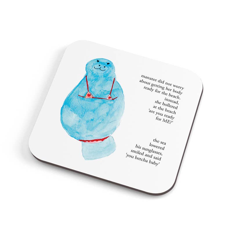 Square cork-backed coaster with a watercolour blue manatee in a red bikini and the 'you betcha baby' poem - PABOOM