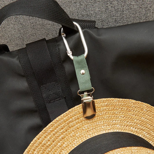 Travel hat clip shown attached to a sun hat.