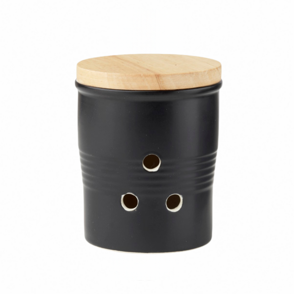 Matte black stoneware garlic keeper with vent holes and bamboo lid - PABOOM