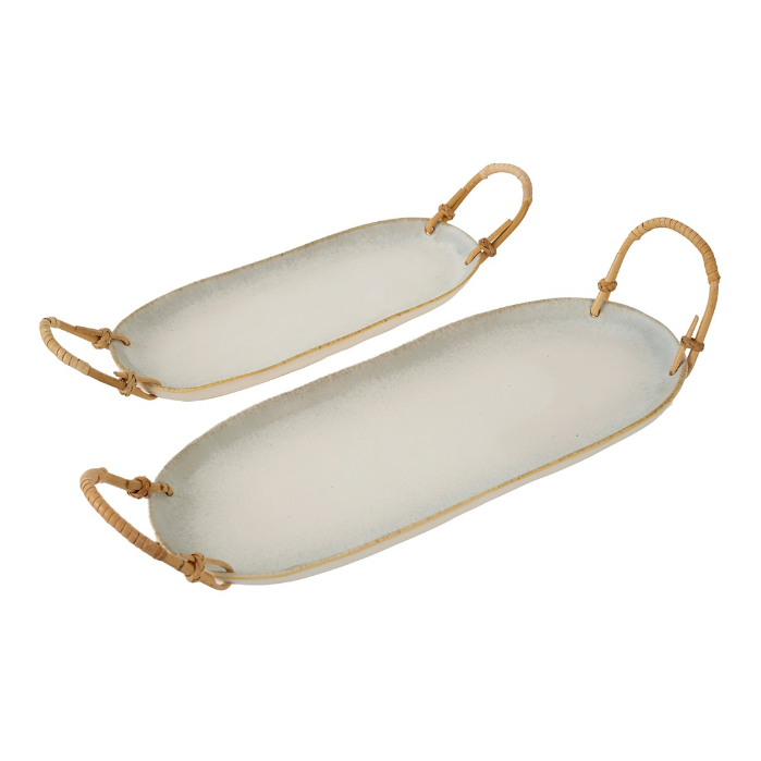 Rattan handle ceramic platter shown from a different angle highlighting the wicker-wrapped handle detail