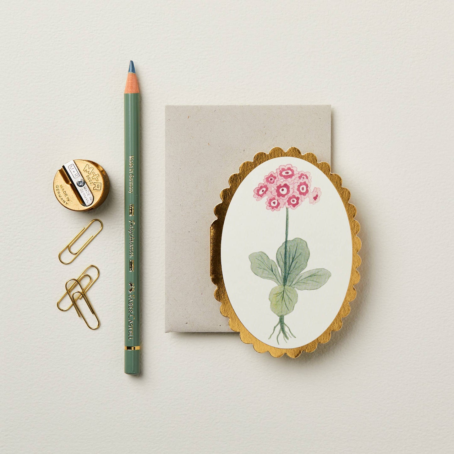 Auricula mini card styled with gift wrap and ribbon