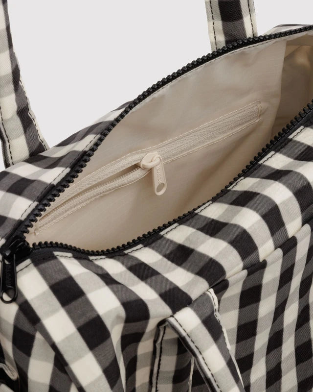 BAGGU Nylon Duffle Bag Black and Cream Gingham side profile - PABOOM