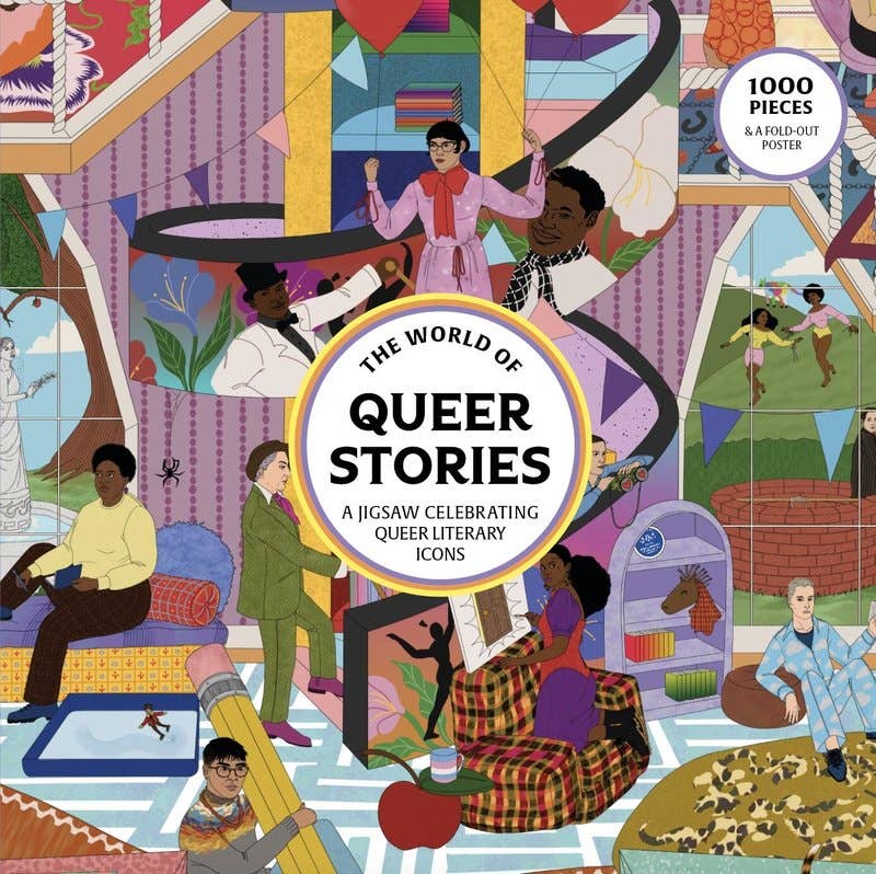 The World of Queer Stories 1000 piece puzzle with an illustrated bookshop full of literary figures - PABOOM