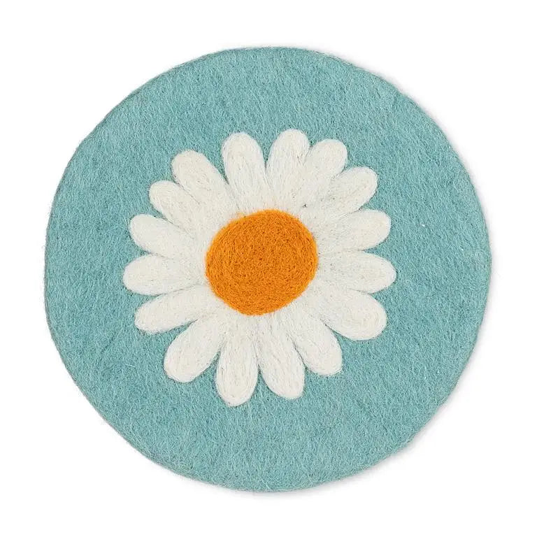 Top view of 8-inch blue felt wool trivet with daisy flower design – handcrafted in Nepal - PABOOM