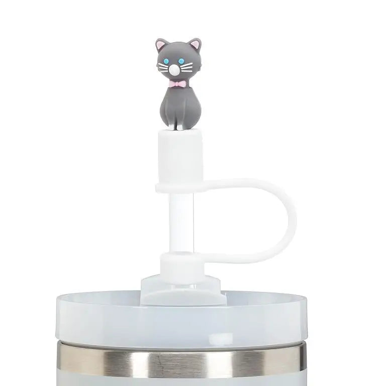 Close-up of black cat-shaped silicone cap on jumbo reusable straw – detail view in tumbler lid - PABOOM