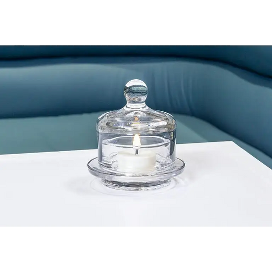 Clear glass domed dish used as tealight candle holder – versatile mini server or decor accent - PABOOM