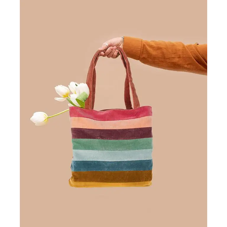 ABBOTT colourful stripe velvet tote bag with handles being held by arm | PABOOM
