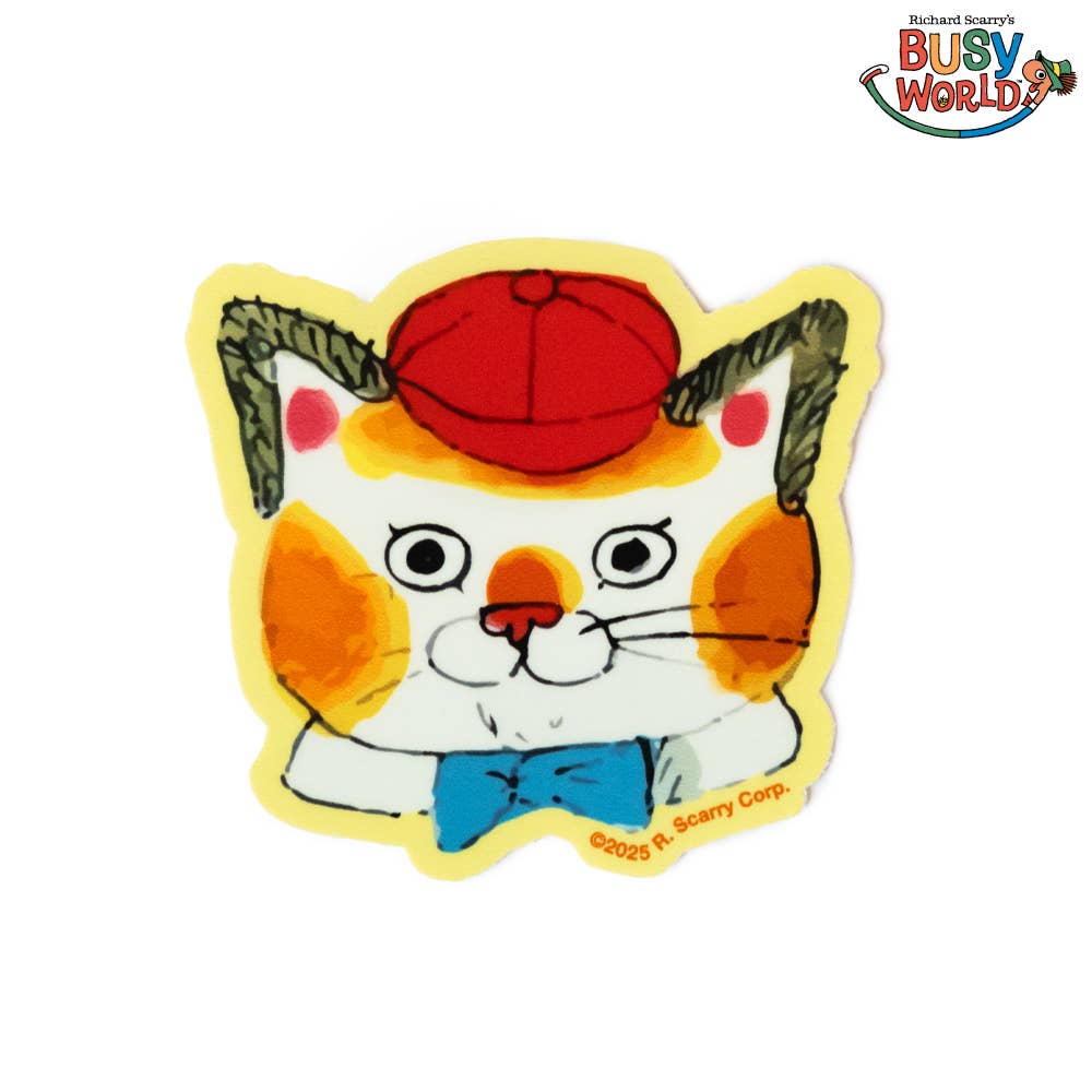 Vinyl sticker of a cat character wearing a red cap and blue bow tie, from Richard Scarry's Busytown.