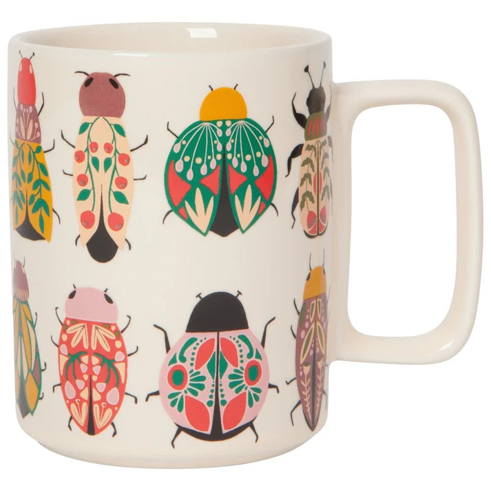 Cream stoneware mug covered in colourful illustrated beetle designs with a square handle – PABOOM