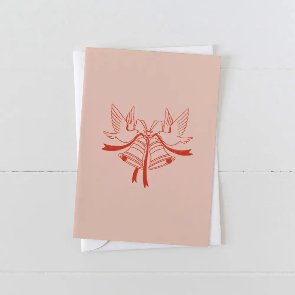 Pink greeting card with outline red drawings of 2 doves holding bells, wedding card, Artbaby - PABOOM