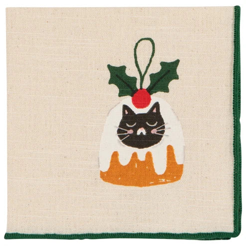 Bauble Cats napkin close-up showing the embroidered gingerbread ornament motif - PABOOM