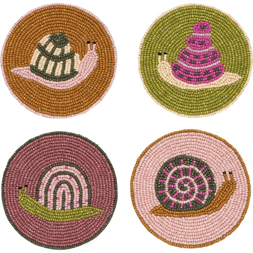 Four round hand-beaded coasters each featuring a colourful snail design in brown, purple, rainbow, and green - PABOOM