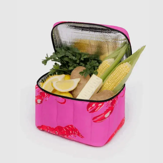 Insulated BAGGU Puffy Lunch Bag open with fresh groceries inside - PABOOM