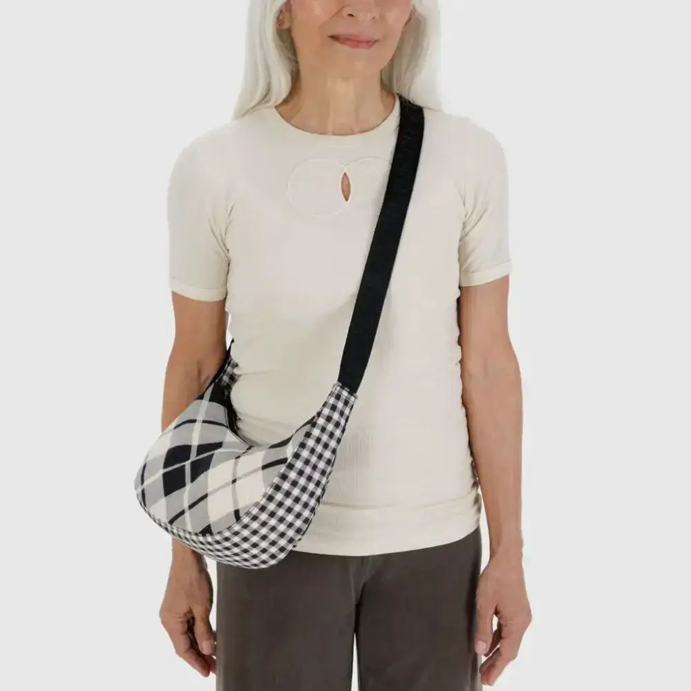 BAGGU Small Nylon Crescent Bag - Mixed Plaid
