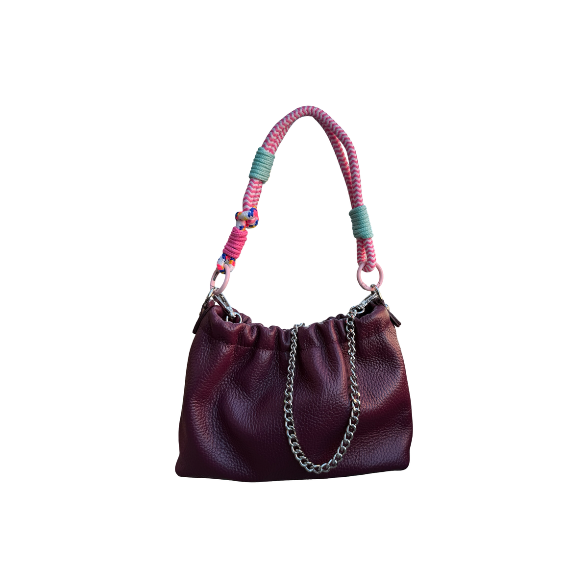 Louisa Lee Plissa Small drawstring bag in burgundy grained leather with pink and teal braided cord - PABOOM