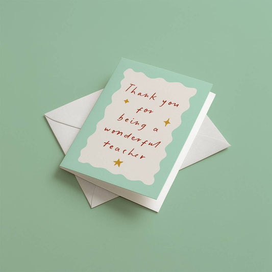 Wonderful Teacher card shown with envelope