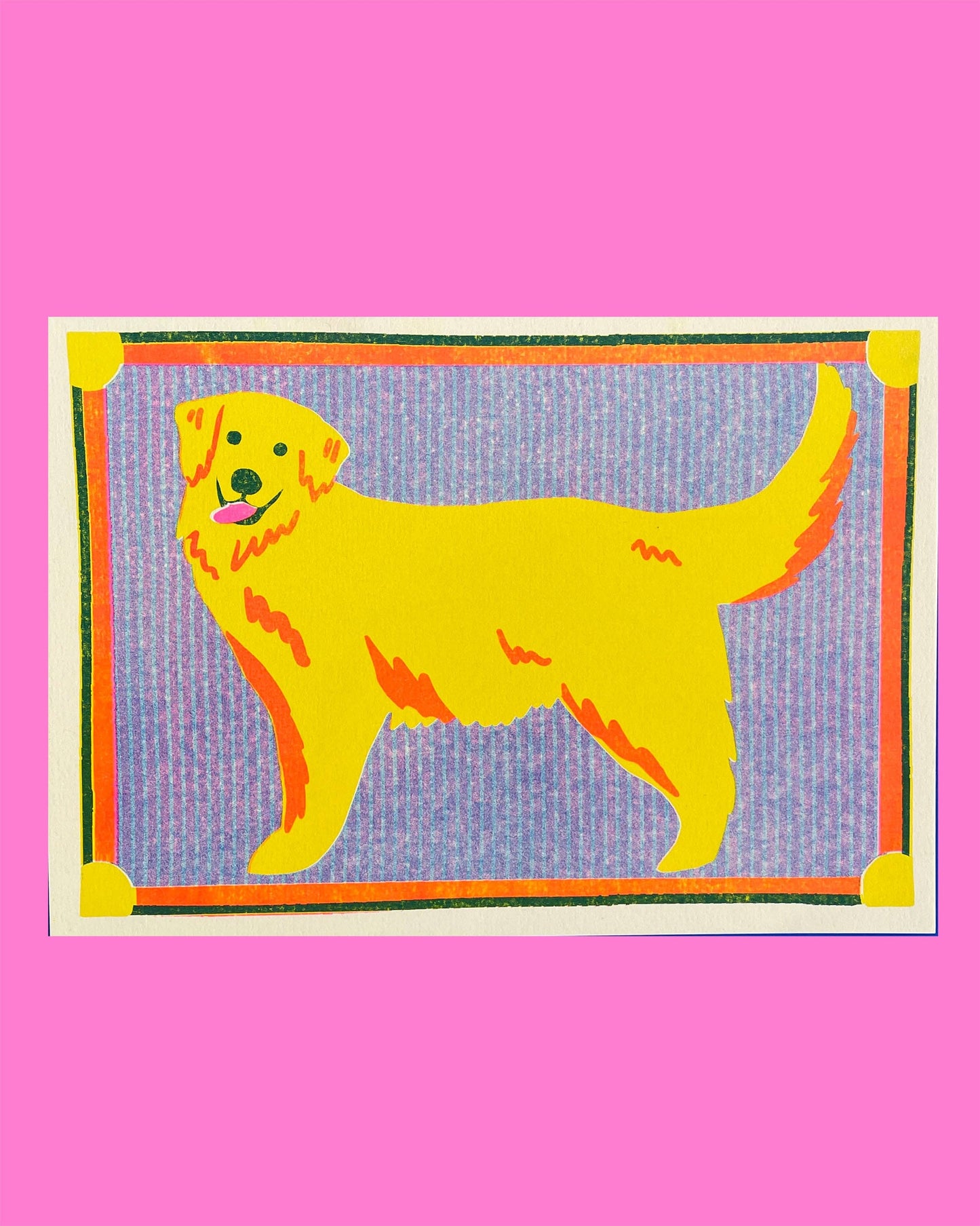 Risograph print of a golden retriever in warm yellow tones on a lilac striped background with graphic border - PABOOM