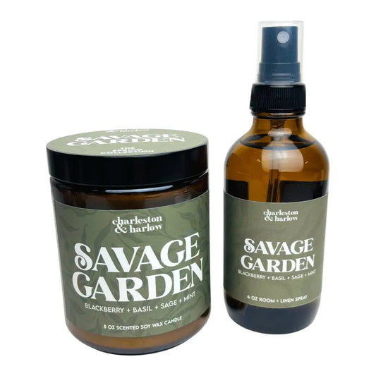 Charleston & Harlow Candle Co. - Savage Garden - Blackberry Basil Mint Sage Soy - scented candle room spray set