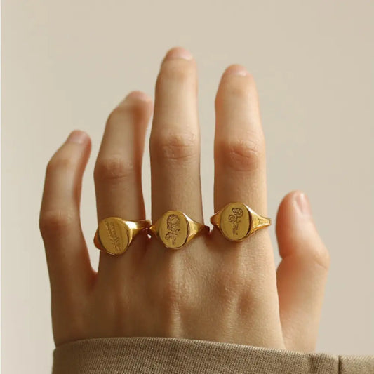 Flowers Oval Signet Ring-Gold Vermeil - PABOOM
