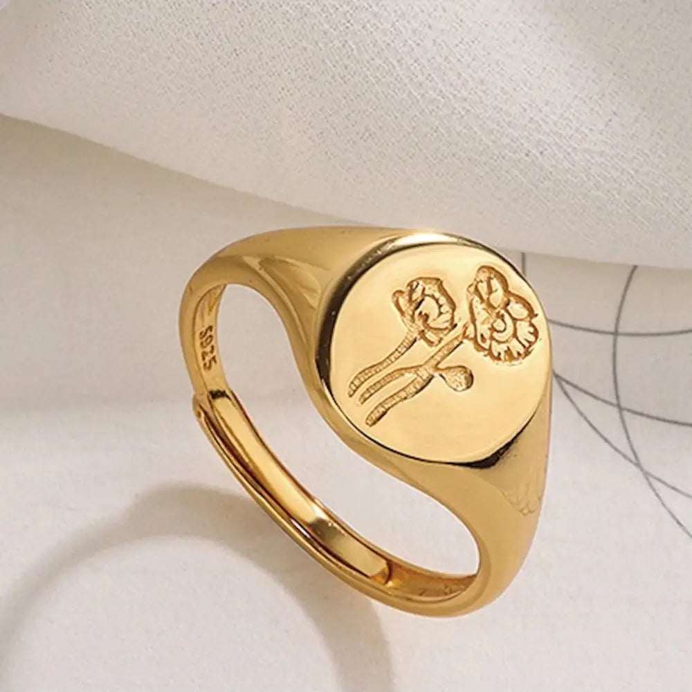 Flowers Oval Signet Ring-Gold Vermeil - PABOOM