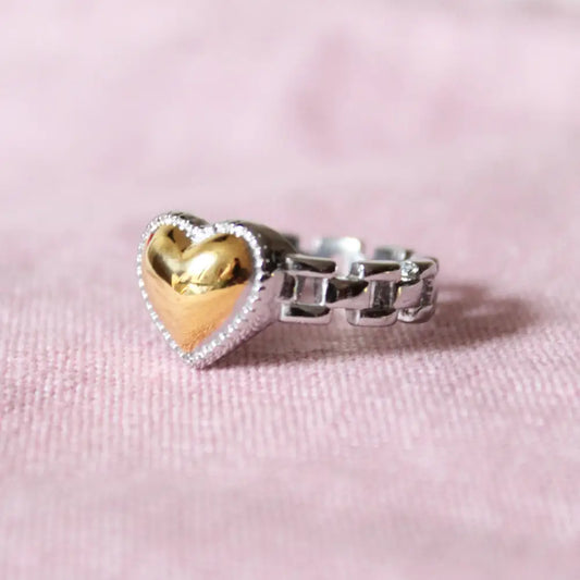 Cousins Collective - Chained Heart Ring Two Tone Silver + 18K Gold Plated