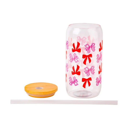 Glass Tumbler w/Straw & Lid All Over Pink/Red Bows - PABOOM