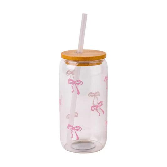 Glass Tumbler w/Straw & Lid Coquette Pink Bows - PABOOM