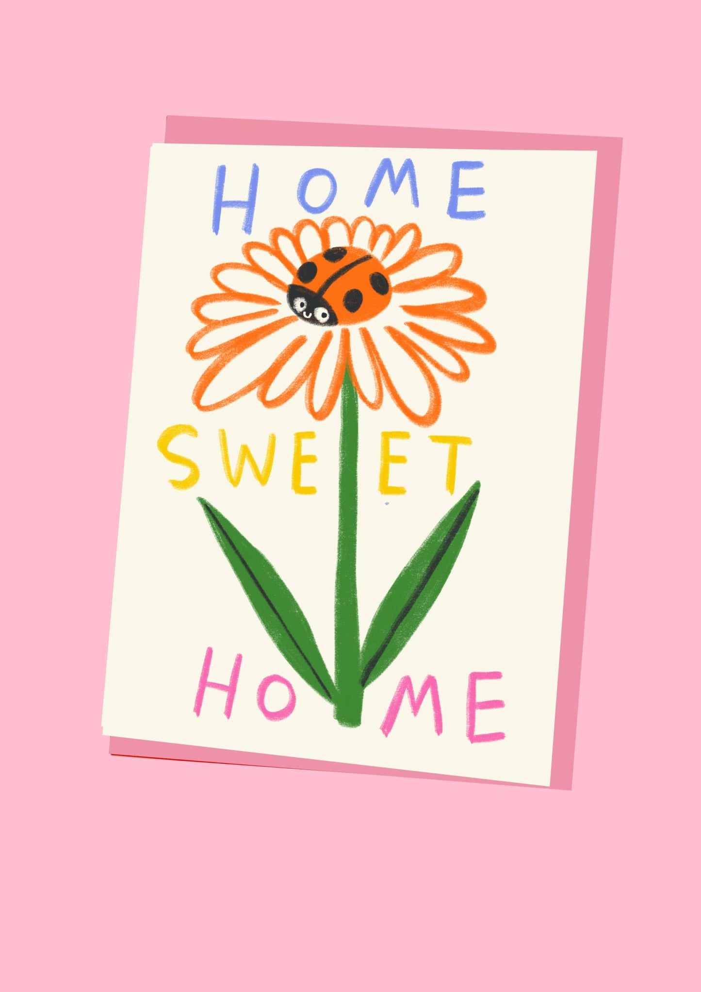 Kitty Kenda new home card featuring a hand-drawn orange daisy with a ladybird and "Home Sweet Home" lettering