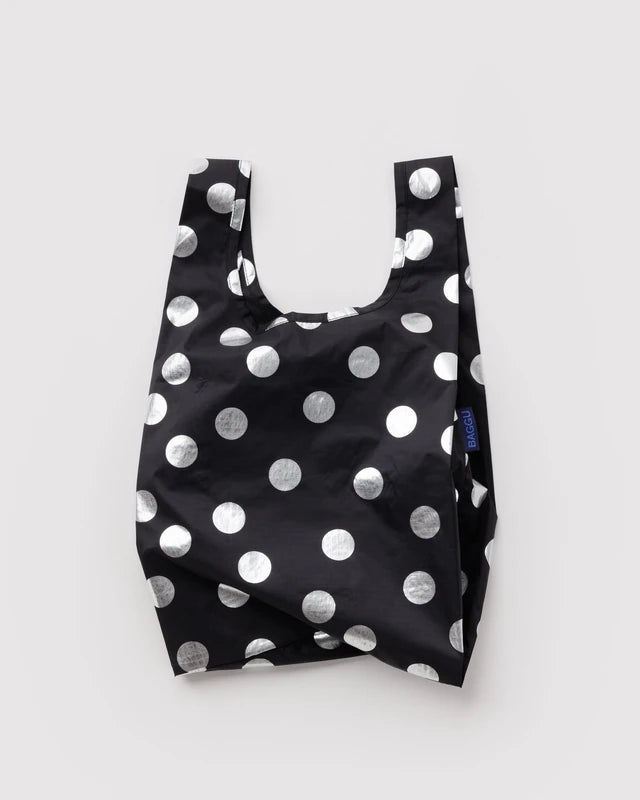 BAGGU Baby Baggu reusable bag in Silver Metallic Polka Dot print folded flat - PABOOM