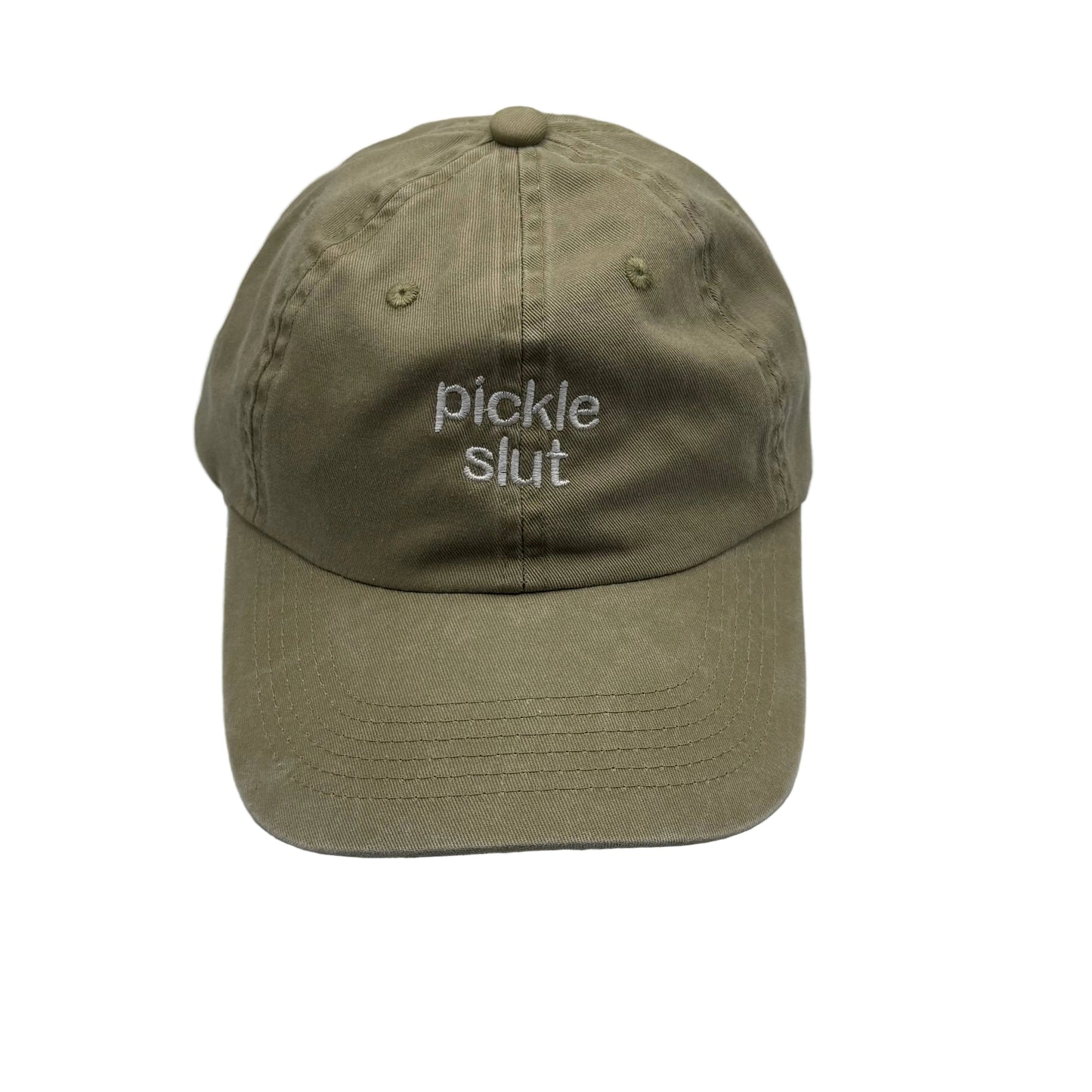 A khaki-colored baseball cap with the words 'pickle slut' embroidered in white on the front, set against white background.