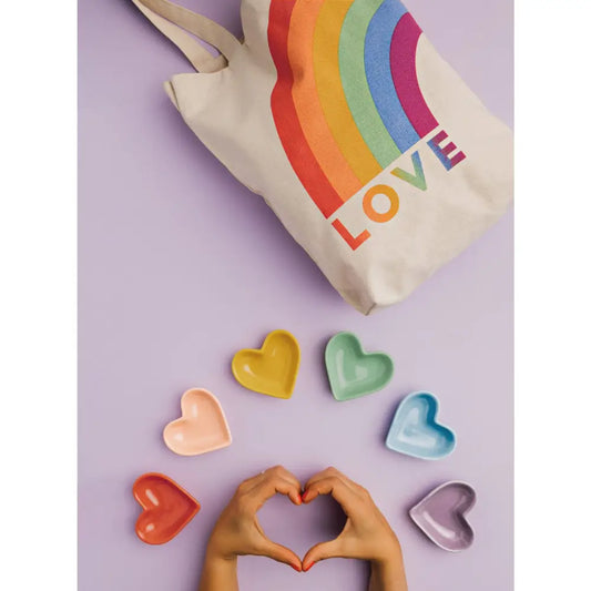 heart shaped colourful bowls with two hands creating a heart shape and a canvas tote bag with a rainbow and "LOVE" - PABOOM