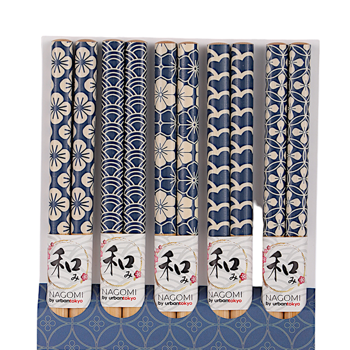 Five pairs of indigo and cream bamboo chopsticks with traditional Japanese patterns - PABOOM