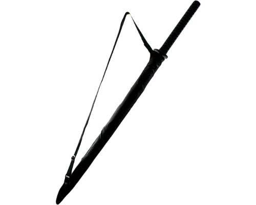 Black umbrella silhouetted to look like a katana sword in its sheath, with a sword-style handle and carrying strap