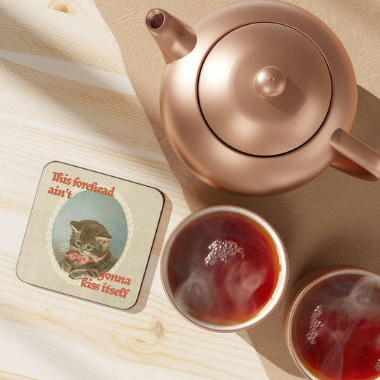 Forehead Kiss kitten coaster shown at an angle, displaying the coaster's gloss MDF finish and rounded edges