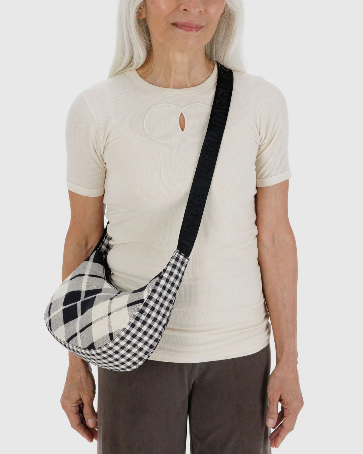 BAGGU Small Nylon Crescent Bag - Mixed Plaid