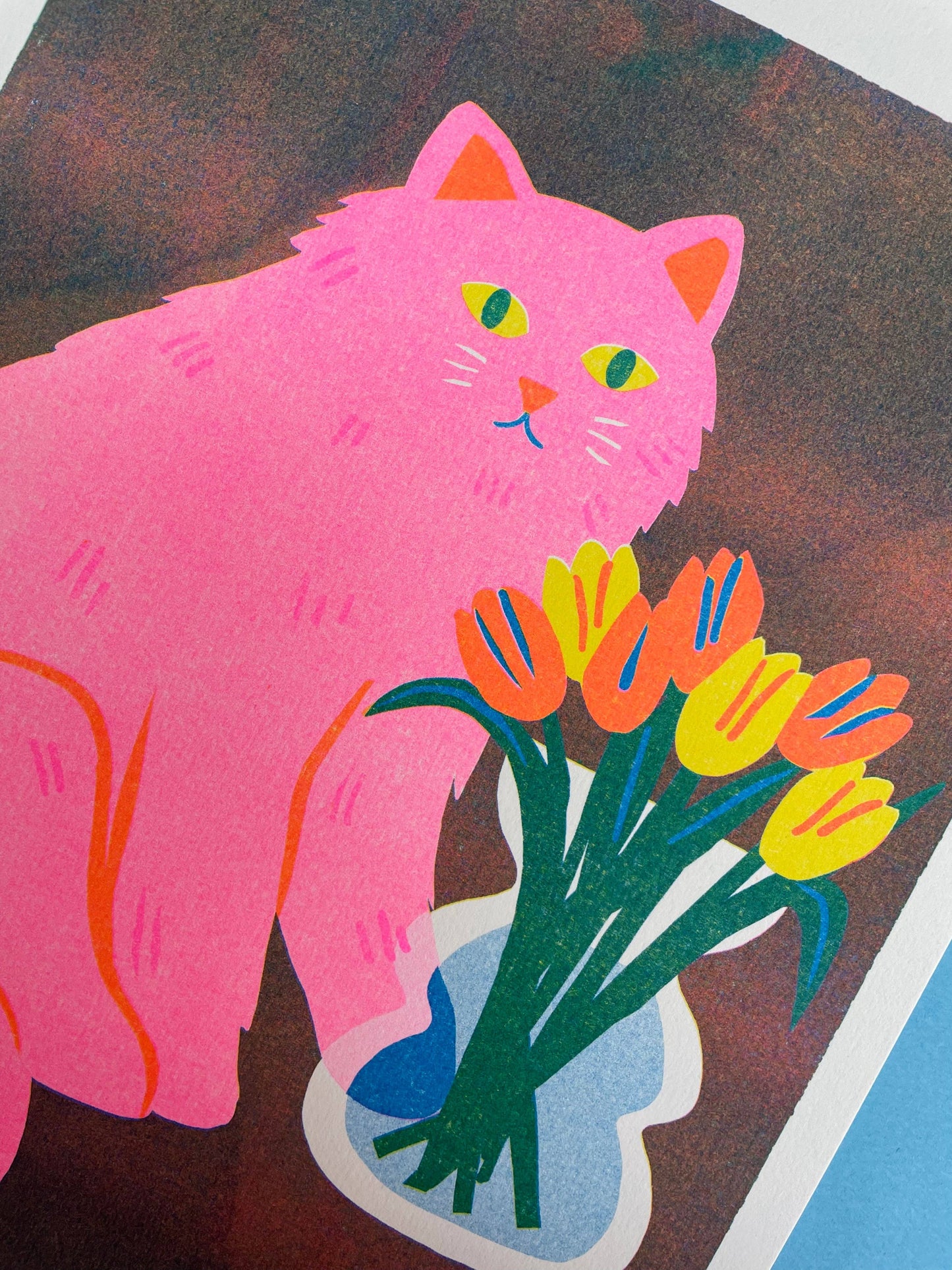 Cat with Flowers risograph print shown in a room setting - PABOOM