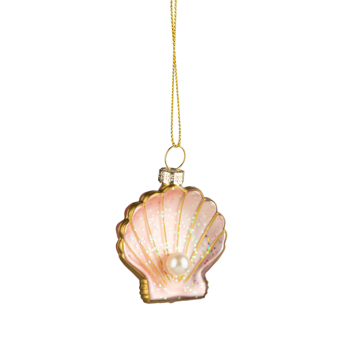 Pink glass seashell ornament with gold glitter trim and pearl centre accent - PABOOM