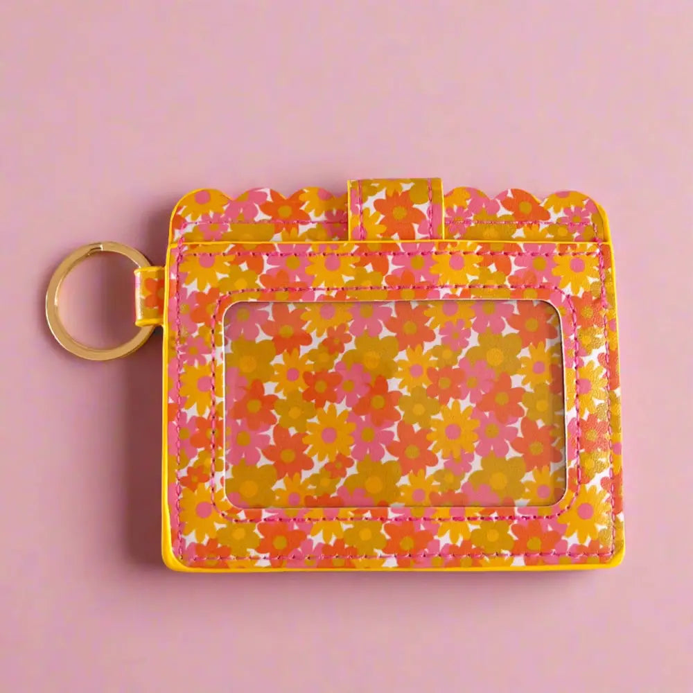 Retro floral wallet in pink, orange, and yellow with scalloped edges, snap closure, and gold keyring -backside - PABOOM