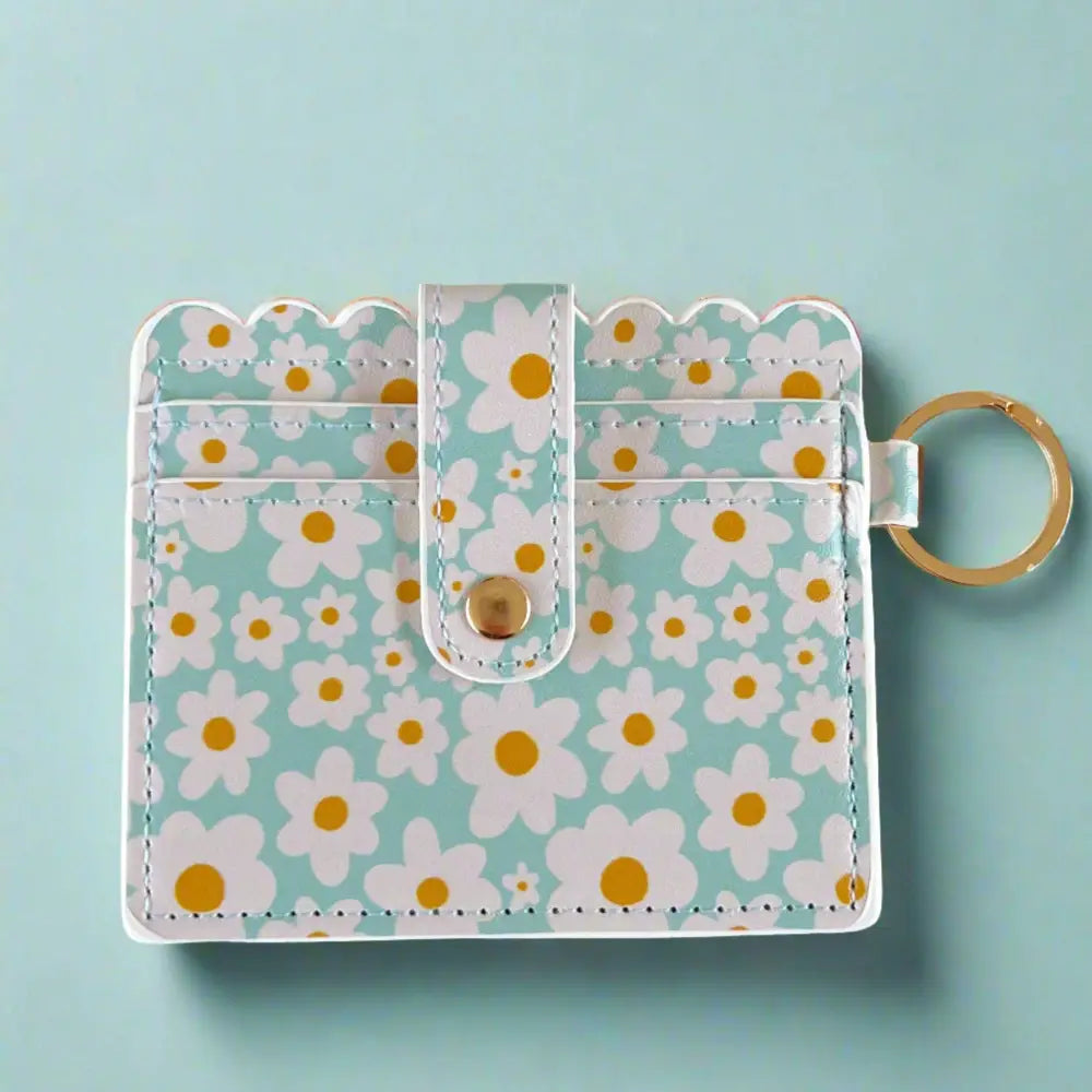 Blue daisy faux leather wallet with keyring and ID slot - PABOOM