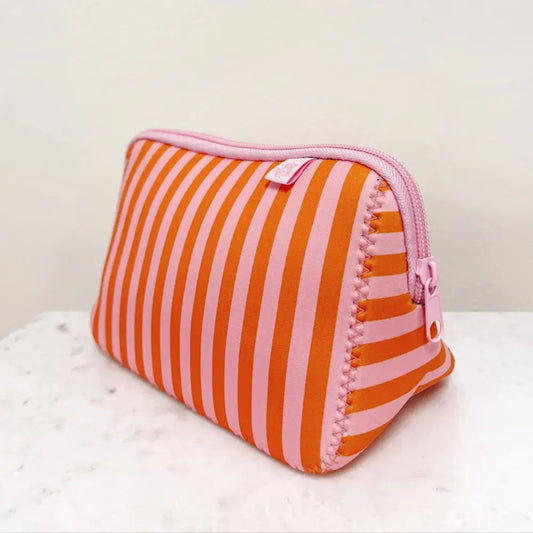 Side view of pink and orange striped neoprene cosmetic bag with pink zipper and contrast stitching – durable and stylish makeup case - PABOOM