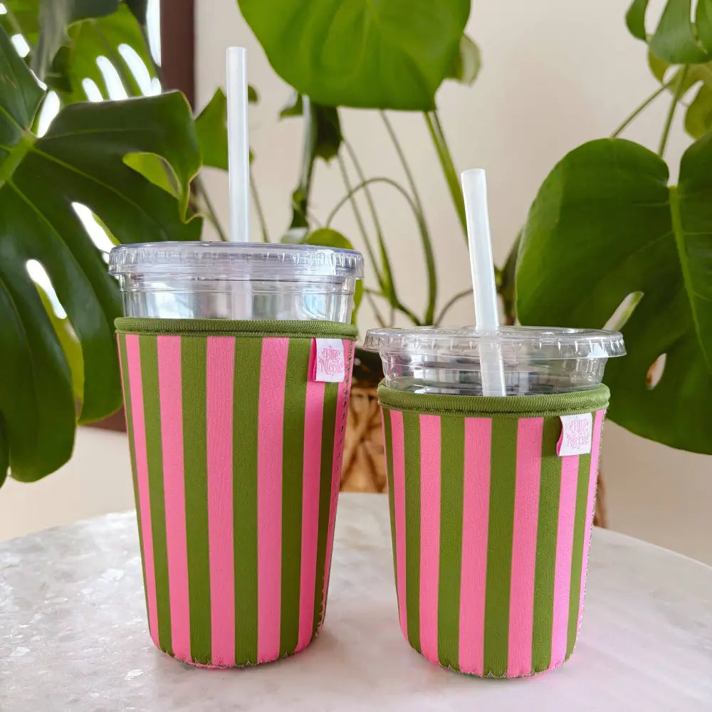 Elle Nicole - Retro Floral + Stripe Drink Sleeve Pink + Green / Large / 24oz