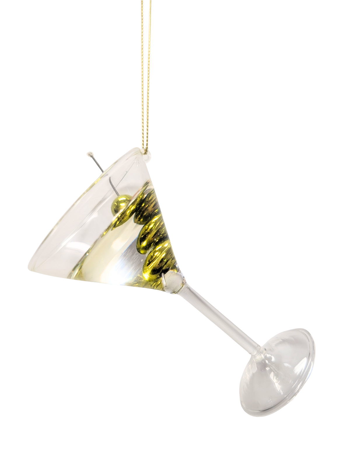Clear glass martini ornament with green olives and a stir stick, hanging by gold cord - PABOOM