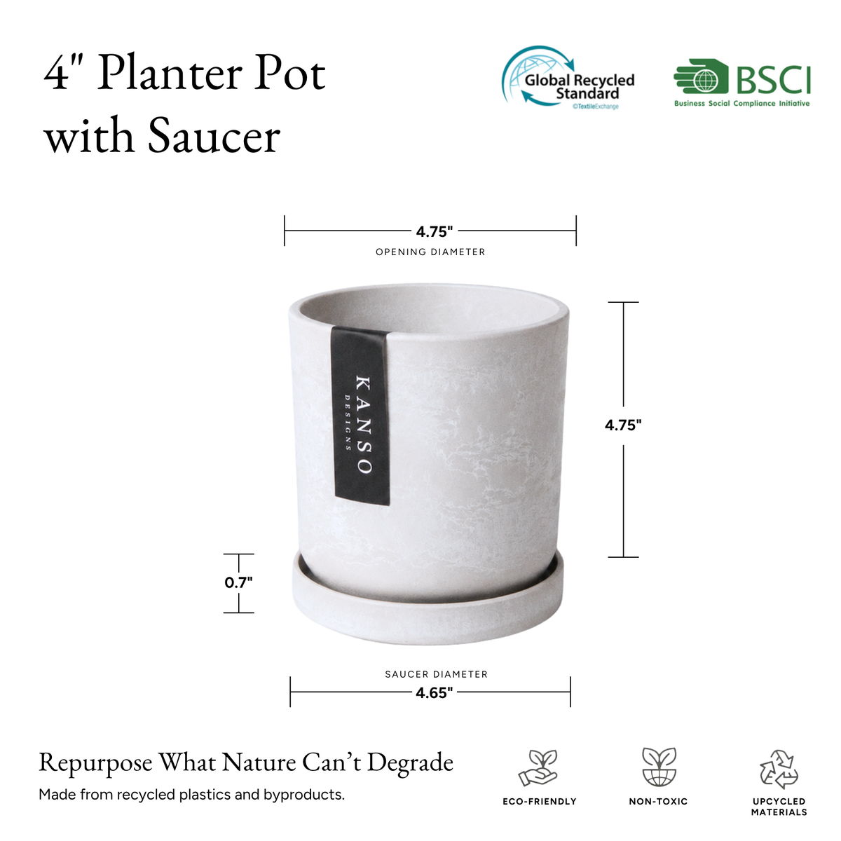 Kanso Designs Planter + Saucer 4” - White Stone