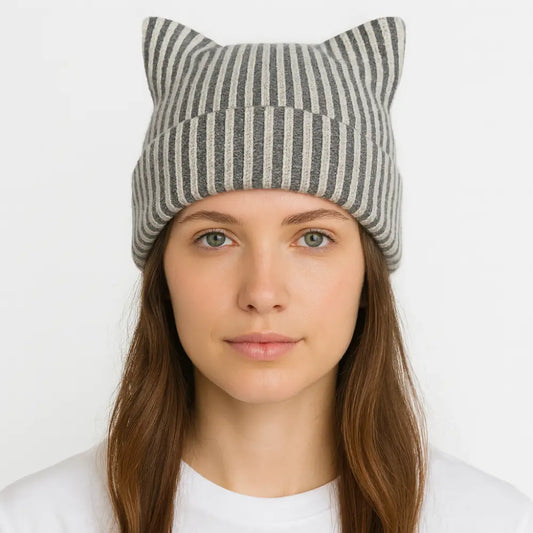 Cat Ear Square Ribbed Beanie - Ivory Gray Stripe