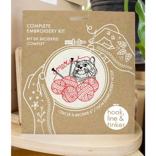 Hook Line & Tinker Embroidery Kits - Kitten with Knitting Complete Kit - complete embroidery kit cat design