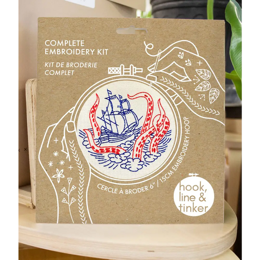Hook Line & Tinker Embroidery Kits - Kraken and Ship Complete Kit - embroidery kit ship octopus design