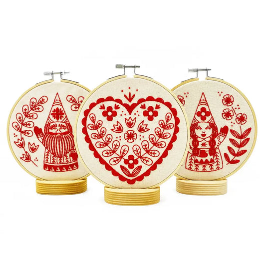 Hook Line & Tinker Embroidery Kits - Nordic ’Julia’ Gnome Complete Kit - three embroidered hoop art pieces